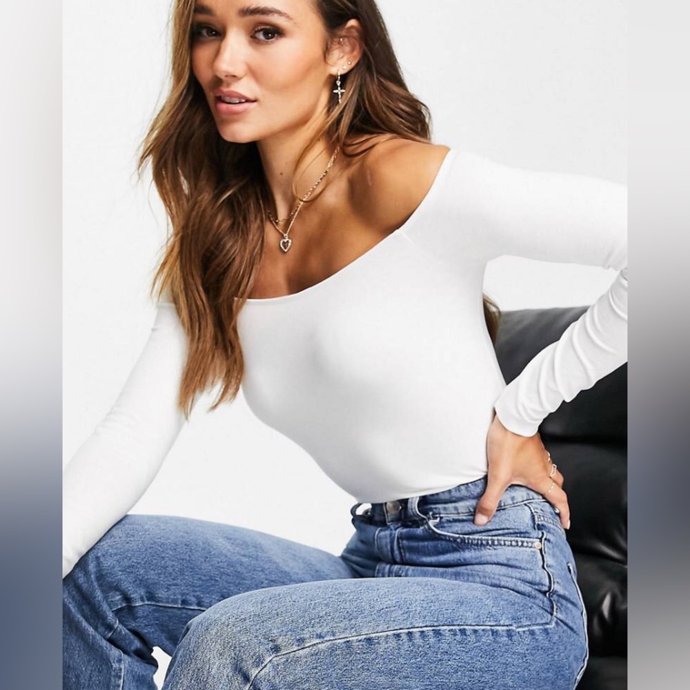 ASOS Design off-shoulder Bardot long sleeve top, white, size 12, XL